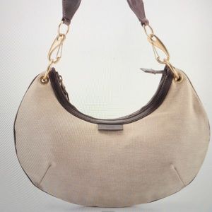 Gucci Canvas and Brown Leather Web Strap Shoulder Bag